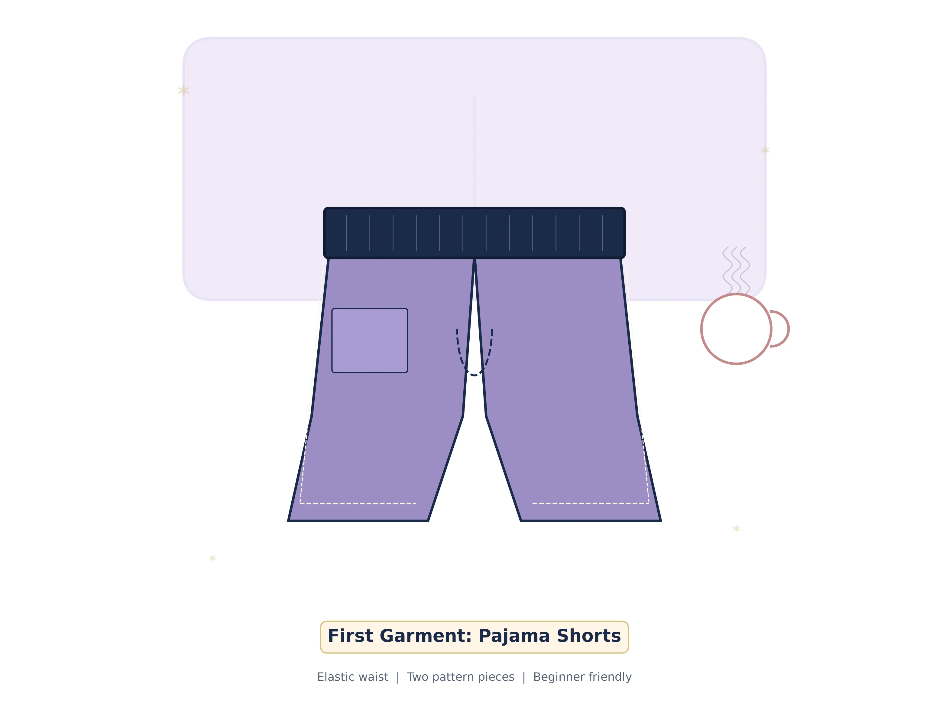 Finished handmade pajama shorts in soft cotton, laid flat on a cozy bed with a cup of tea