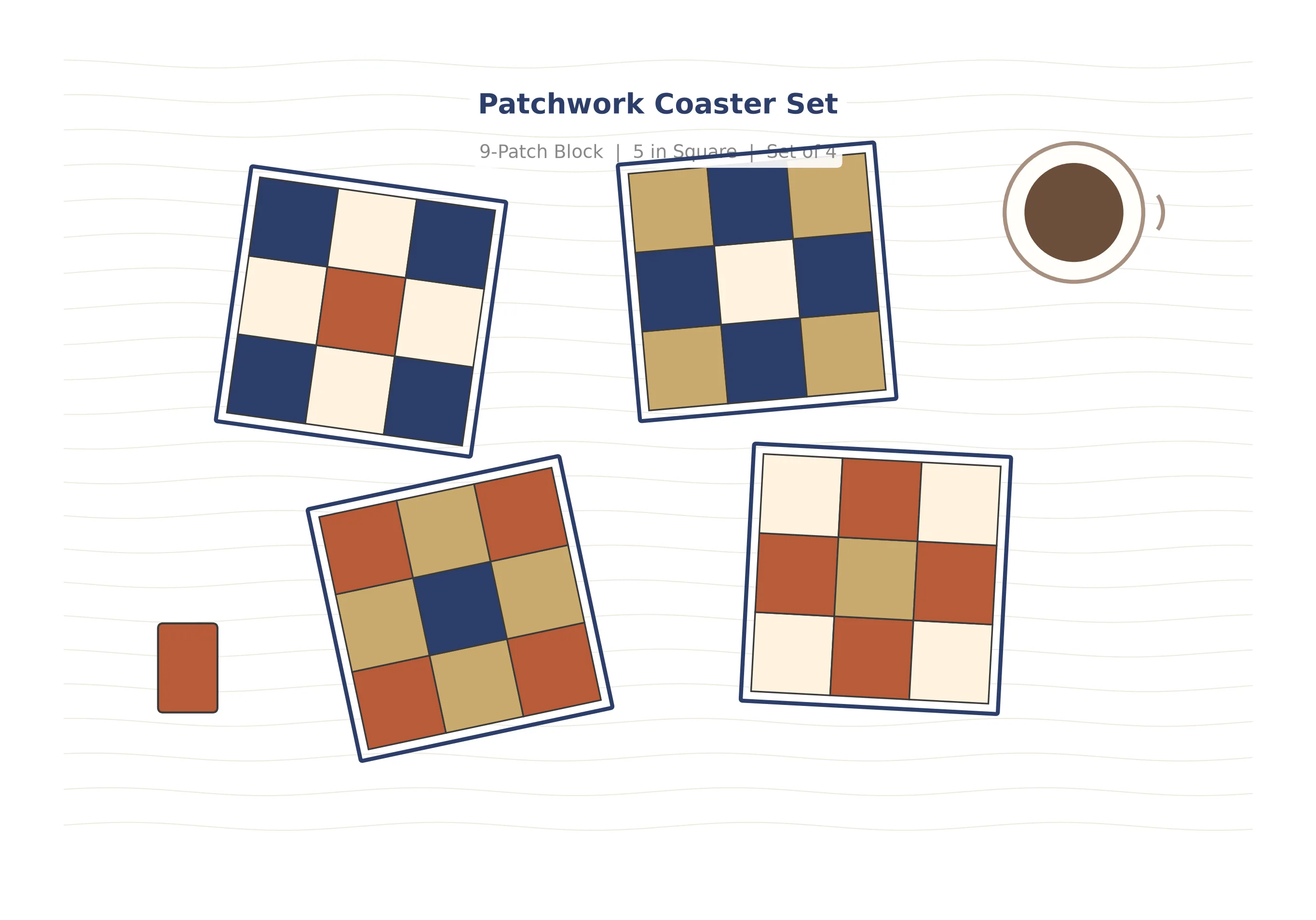 Set of four colorful patchwork coasters arranged on a wooden table