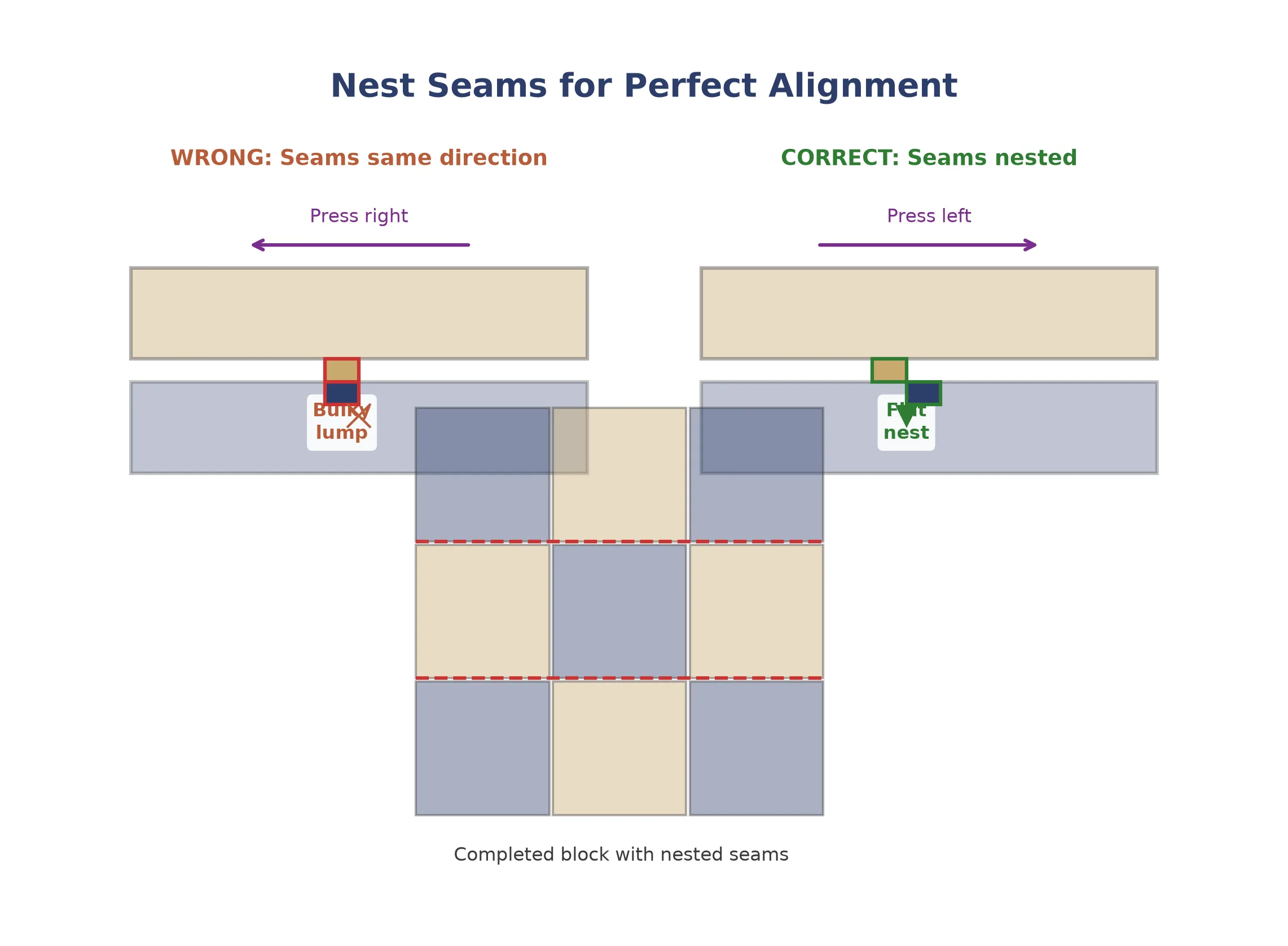 Seam allowances nesting together at the intersection of two rows