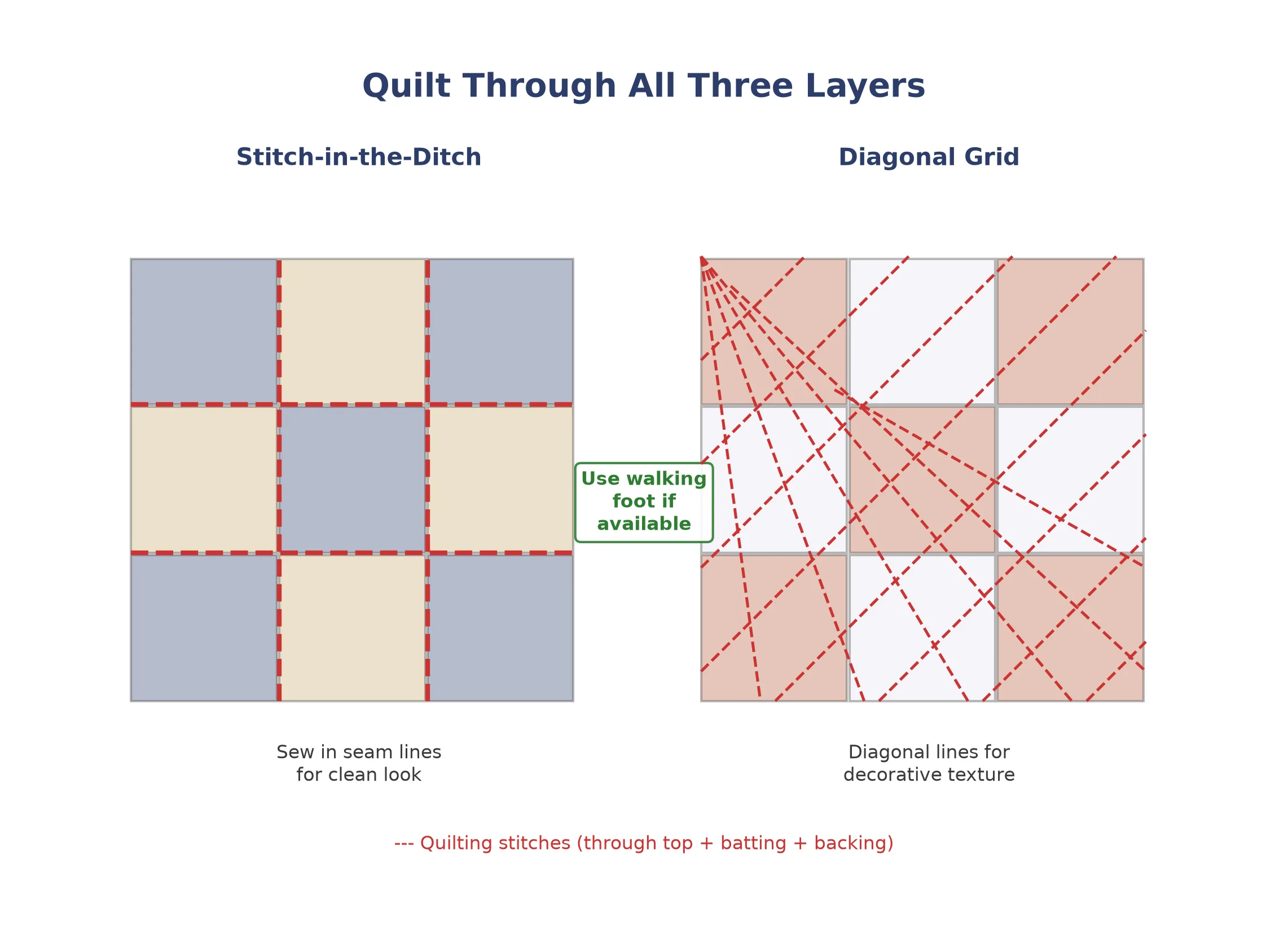 Stitch-in-the-ditch quilting along the seam lines of the 9-patch block