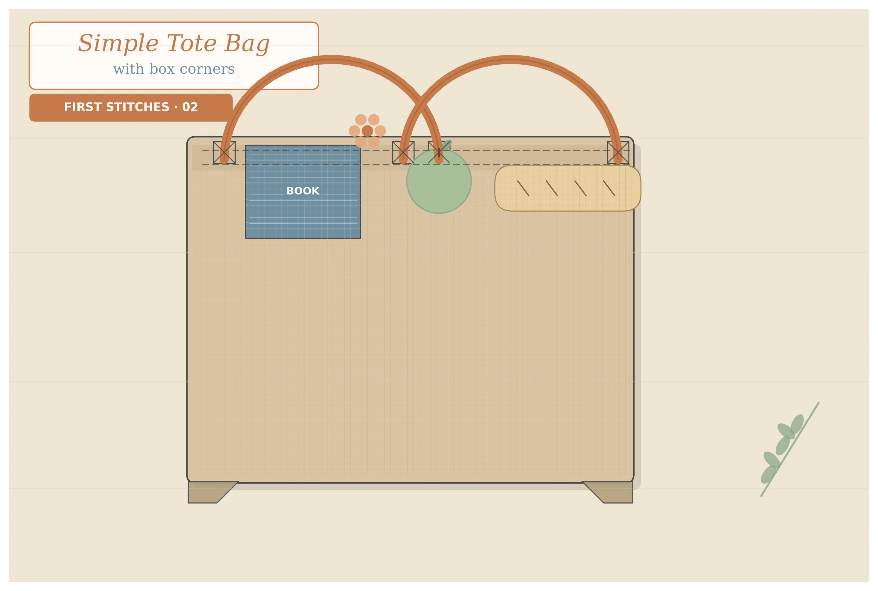 Finished handmade tote bag in natural canvas with items spilling out, showing the flat box-corner bottom and sturdy topstitched handles