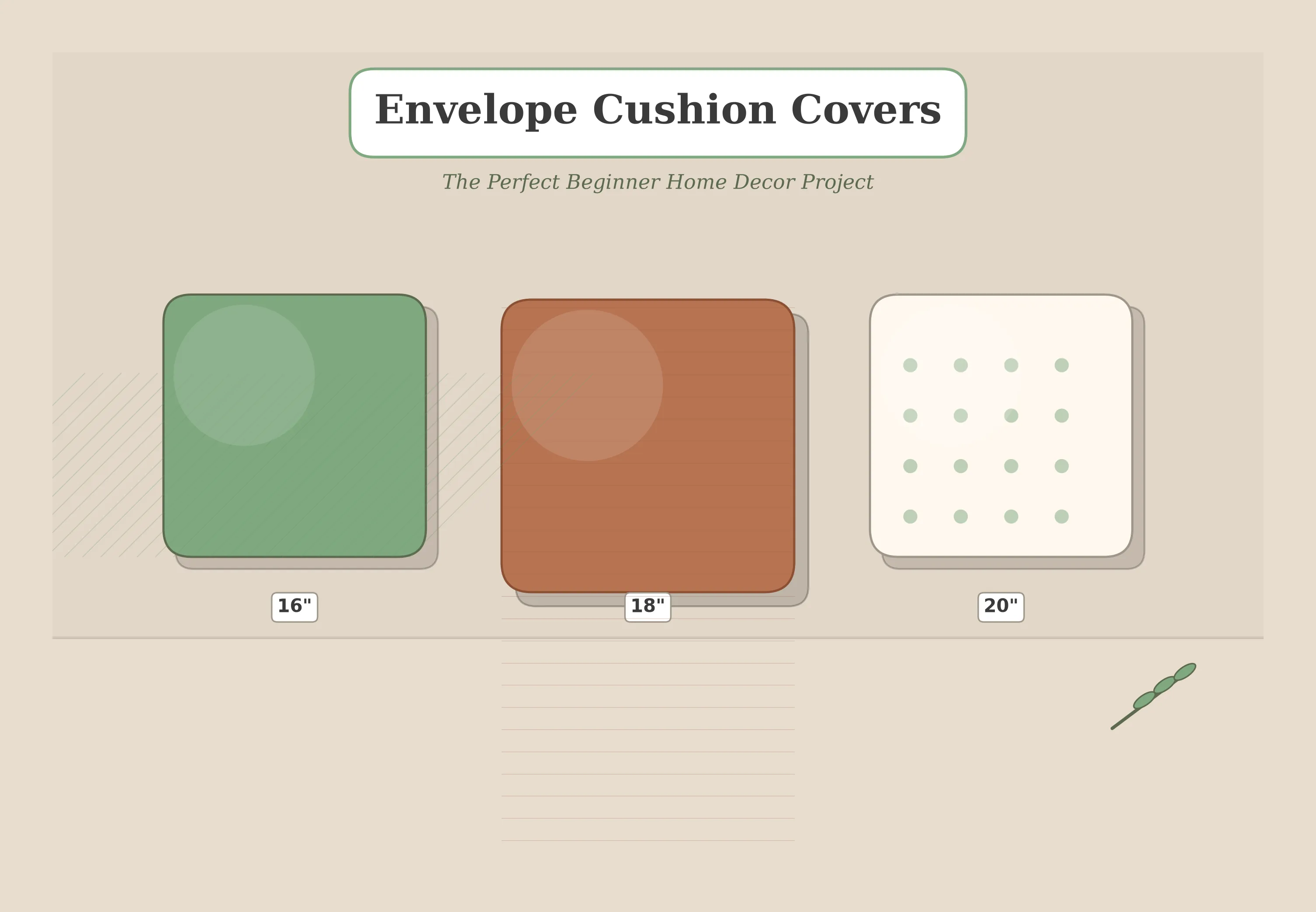 Three finished envelope cushion covers in sage green, terracotta, and cream arranged on a linen sofa