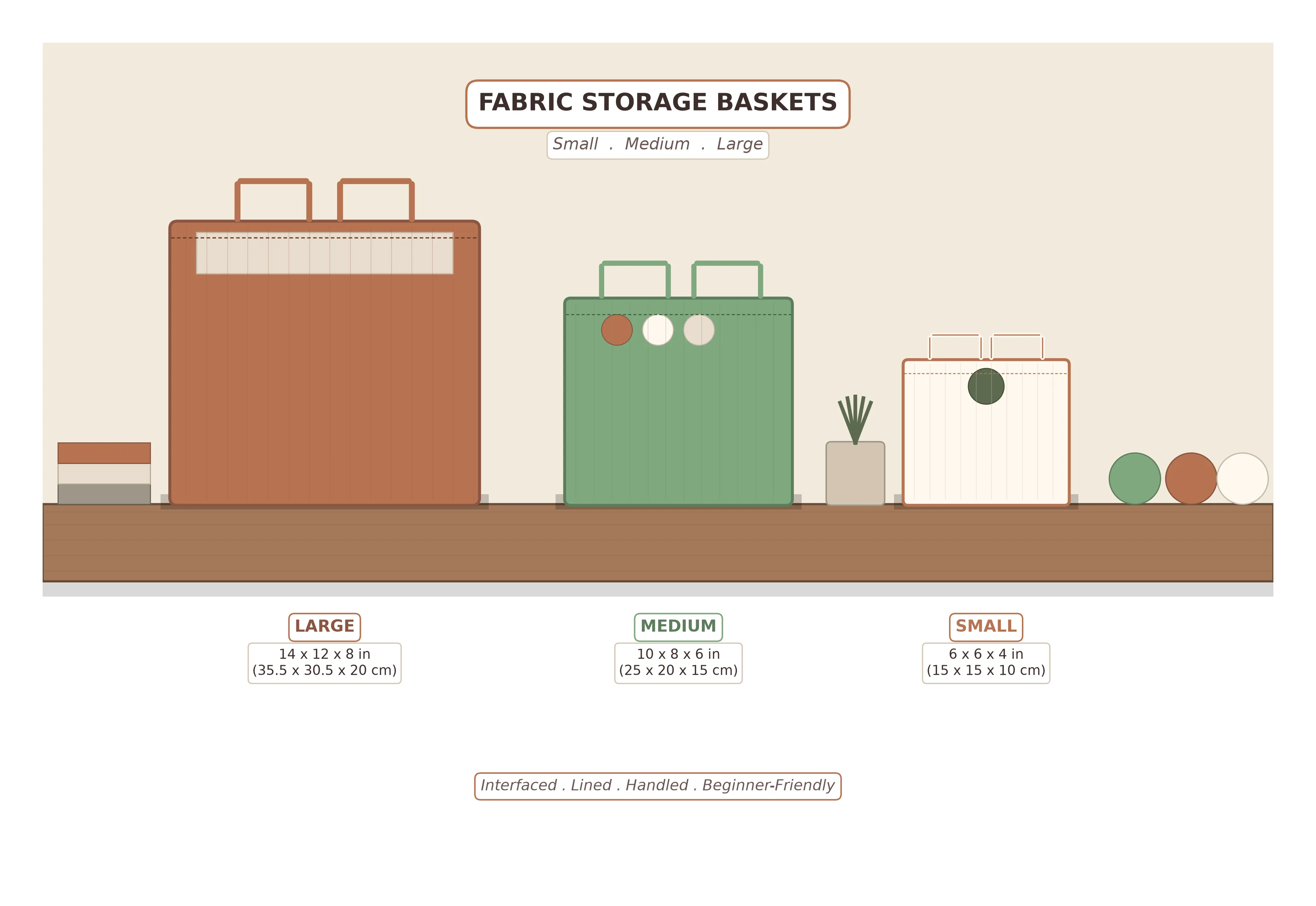 Three nested fabric storage baskets in terracotta, sage green, and cream, styled on a wooden shelf with folded textiles