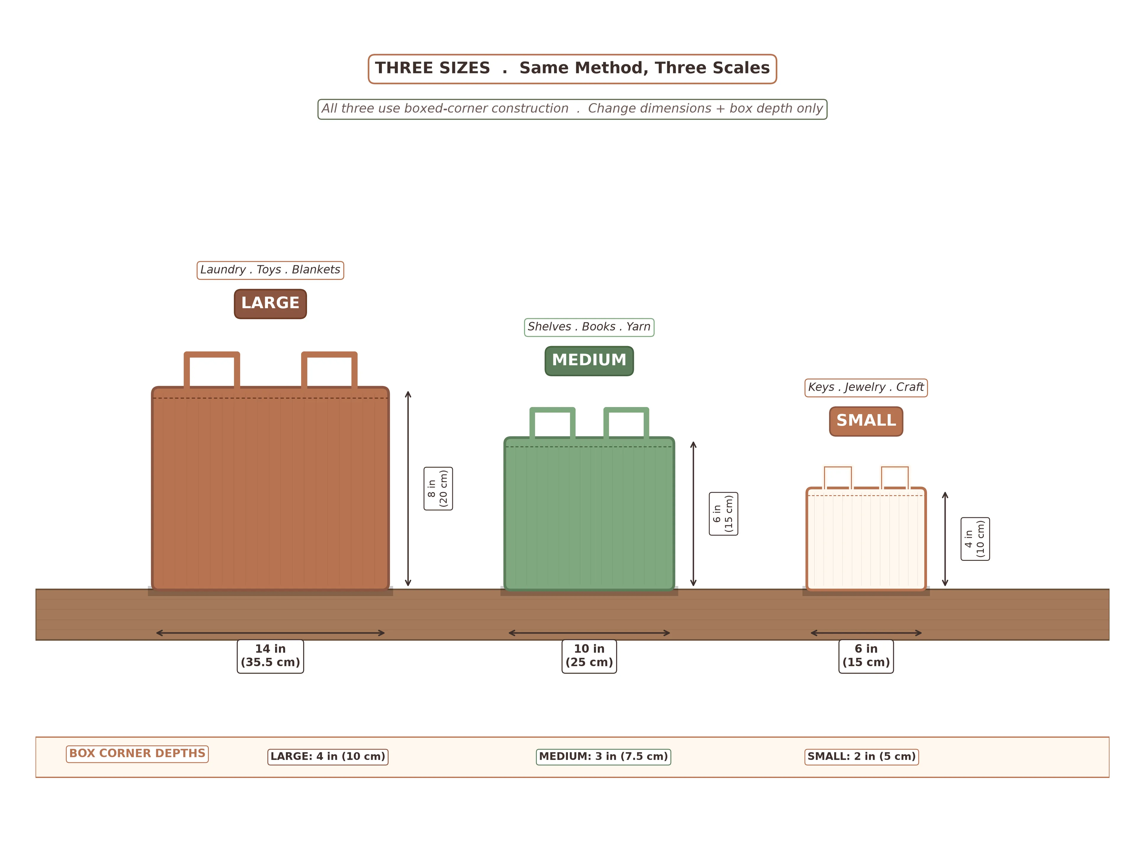 Three finished fabric storage baskets in small, medium, and large sizes nested together on a wooden surface with dimensions labeled in inches and centimeters
