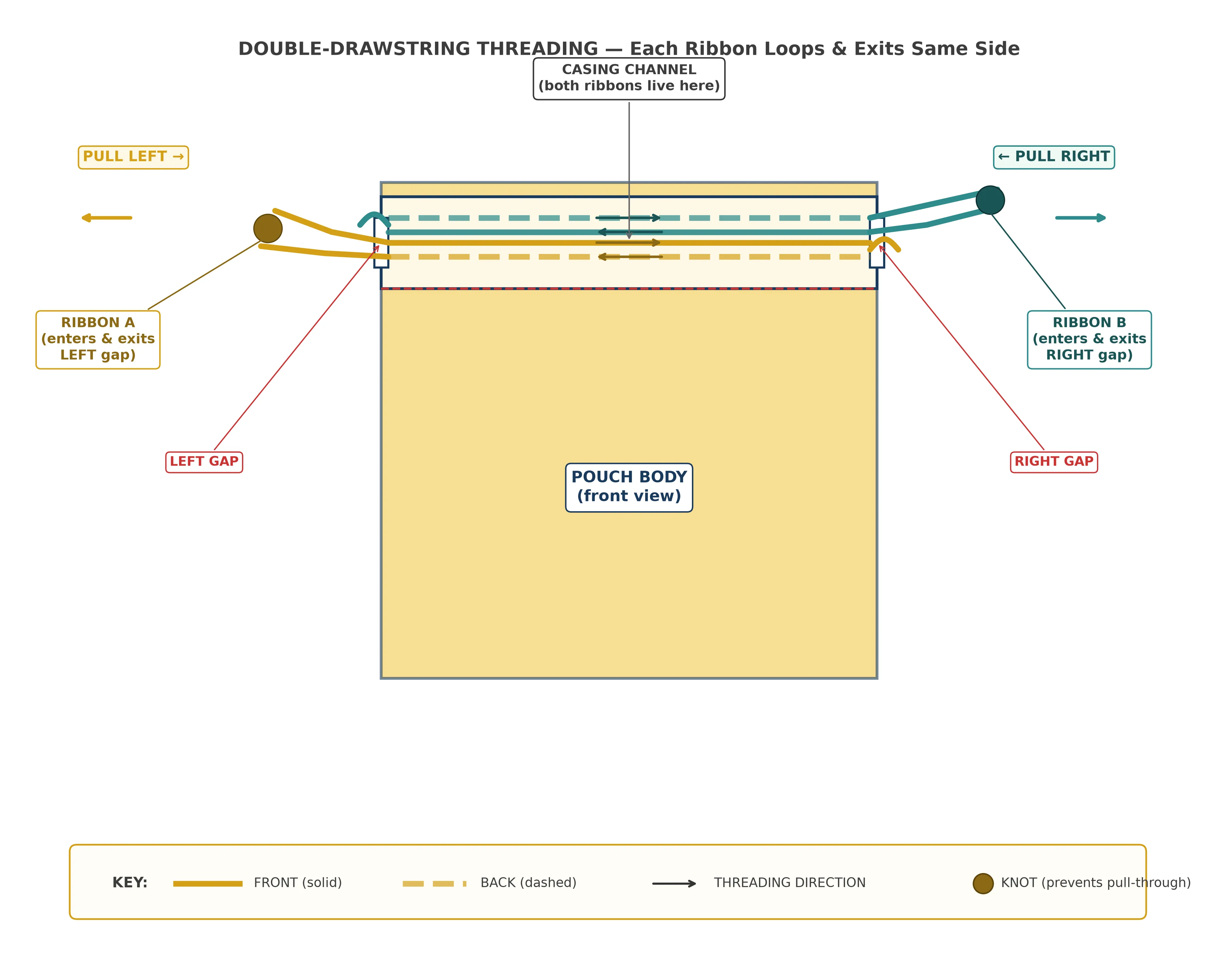 Diagram showing the double-drawstring threading method with Ribbon A entering and exiting the left gap and Ribbon B entering and exiting the right gap, arrows showing the threading path through the casing channel
