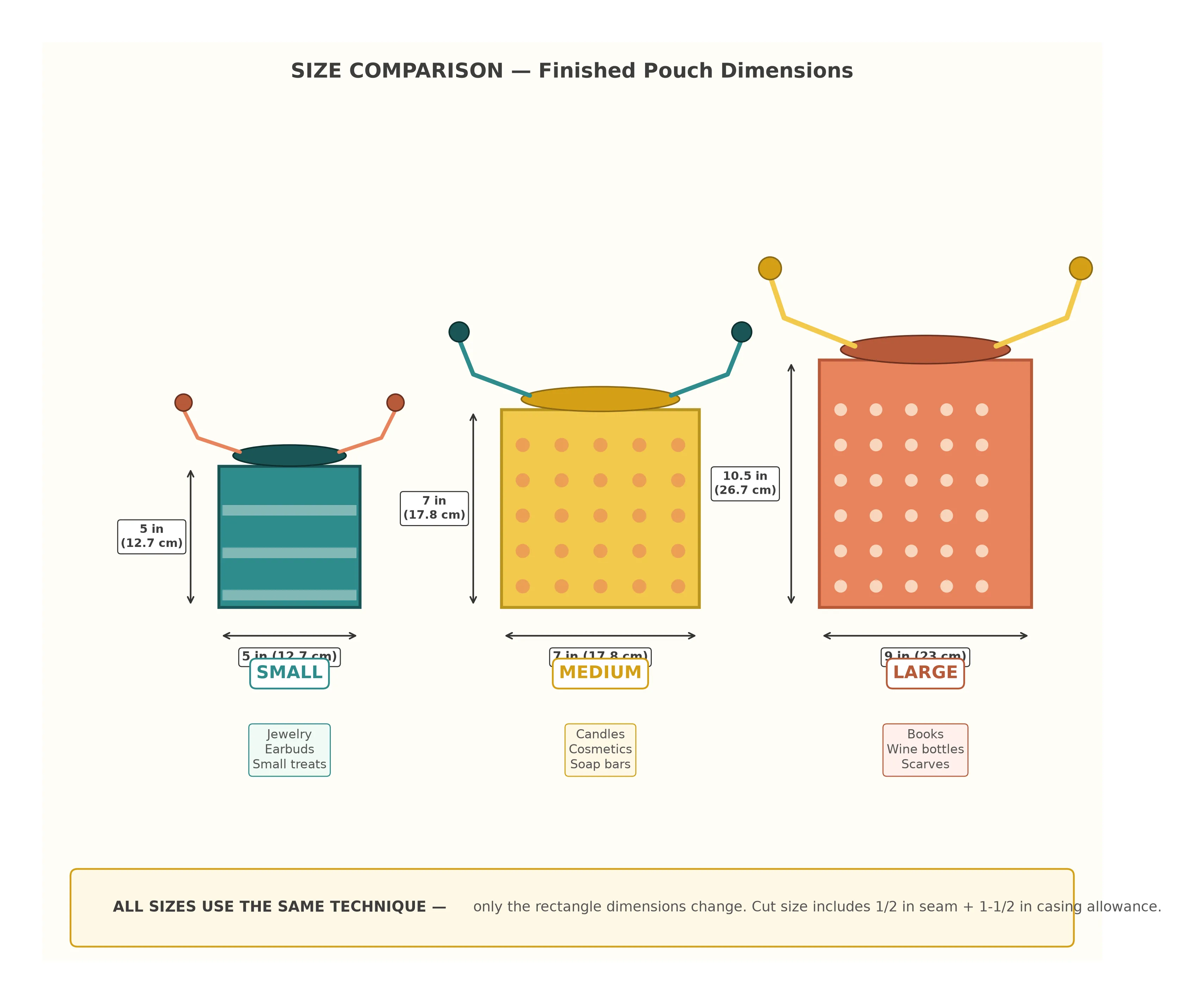 Comparison diagram showing all three drawstring pouch sizes — small, medium, and large — with finished dimensions labeled in inches and centimeters