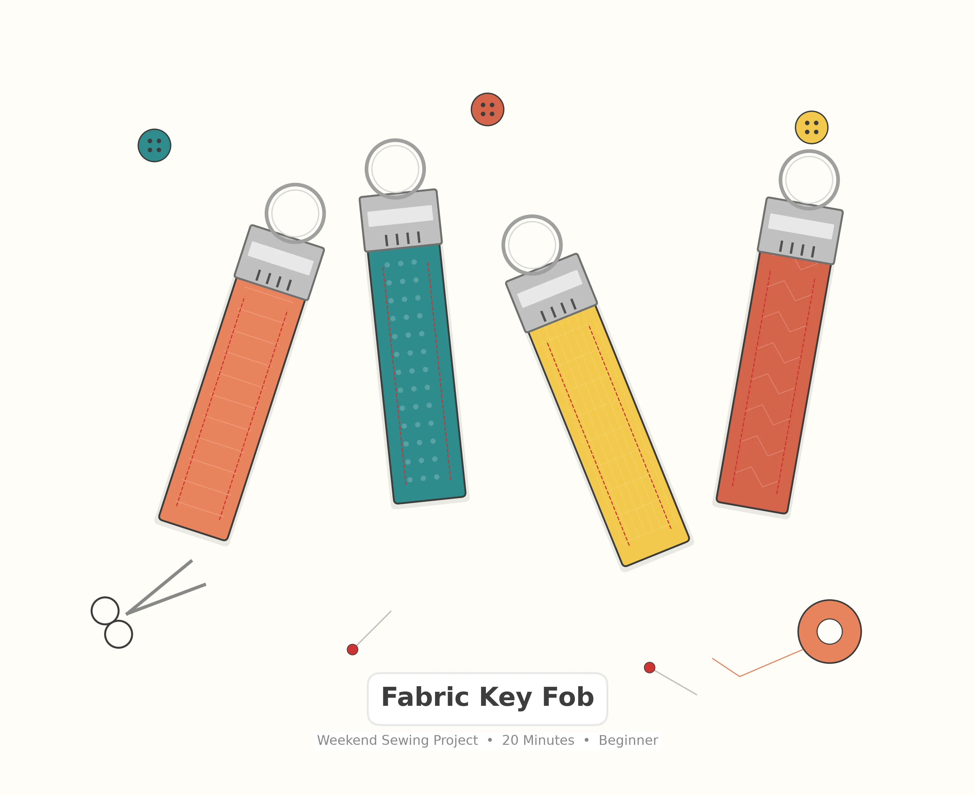 Four finished fabric key fobs in different patterns arranged with keys, hardware clamps, split rings, and fabric scraps on a workshop surface
