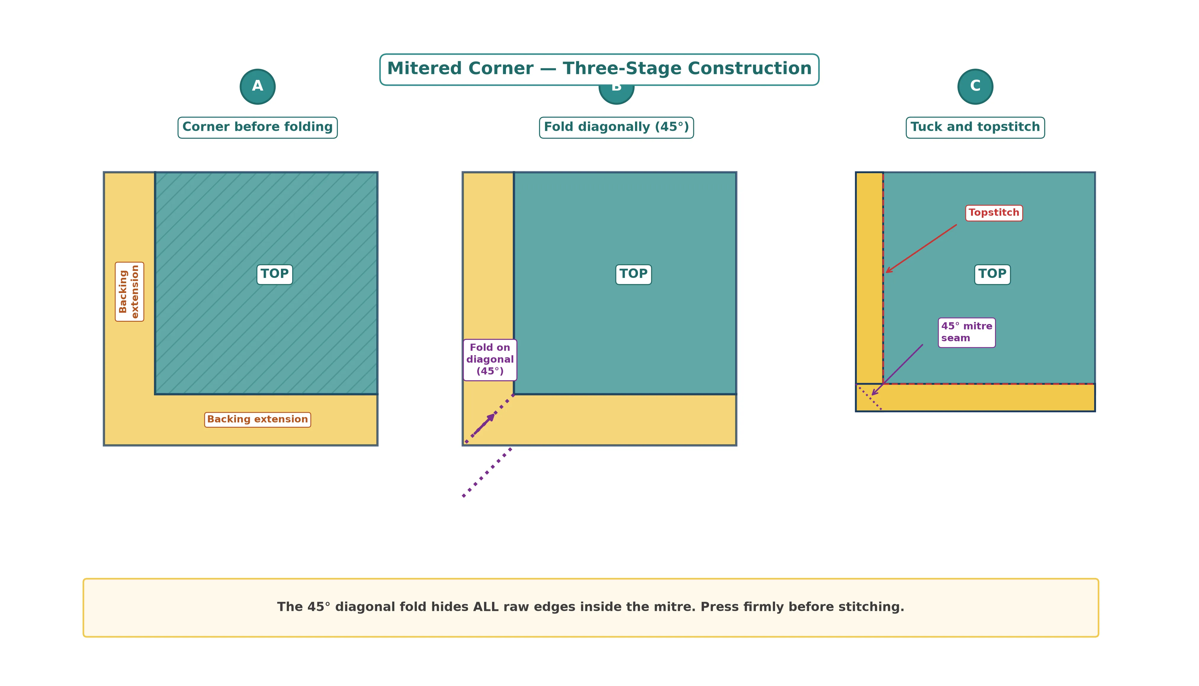 Detailed step-by-step corner mitering diagram showing diagonal fold and binding tuck for a clean 45 degree mitre