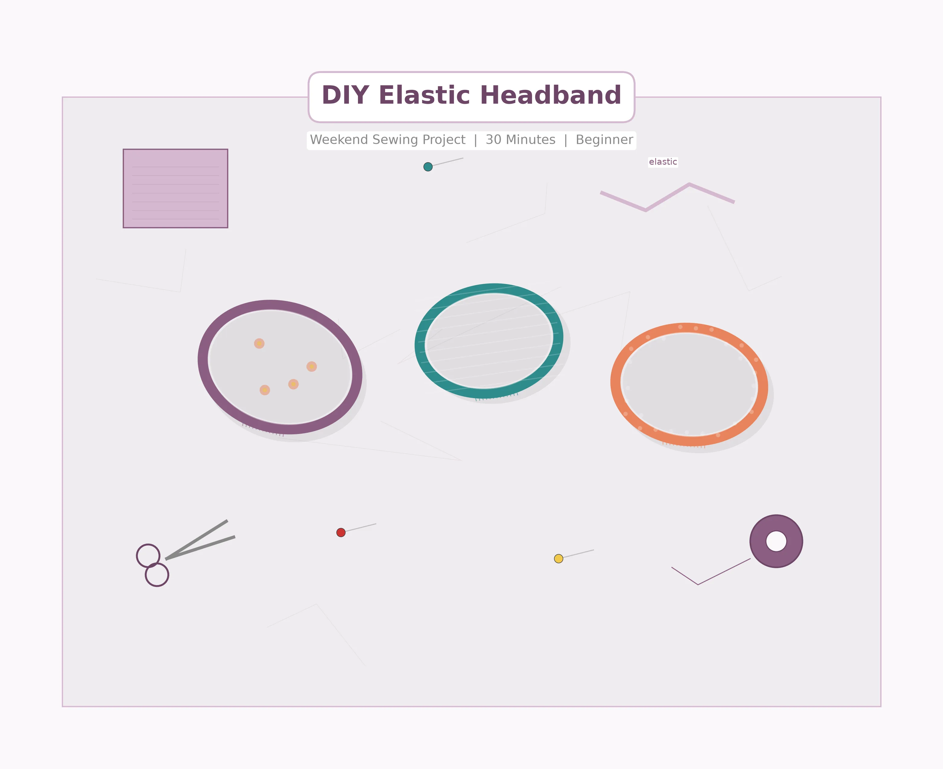 Flat-lay of handmade elastic headbands in floral, solid, and striped cotton fabrics arranged on a marble surface with sewing supplies