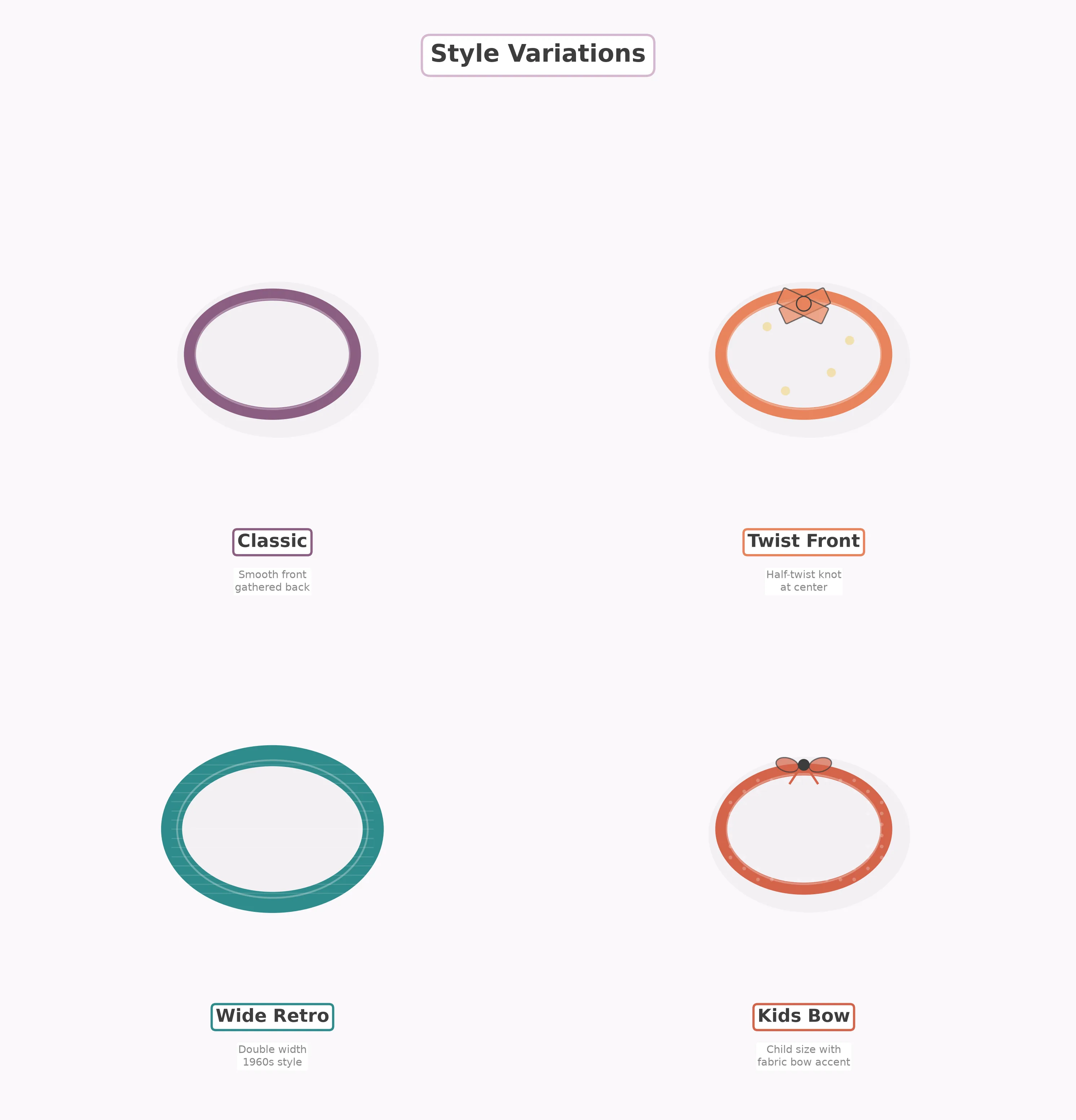 Four headband style variations displayed side by side: classic, twist-front, wide retro, and kids size with bow