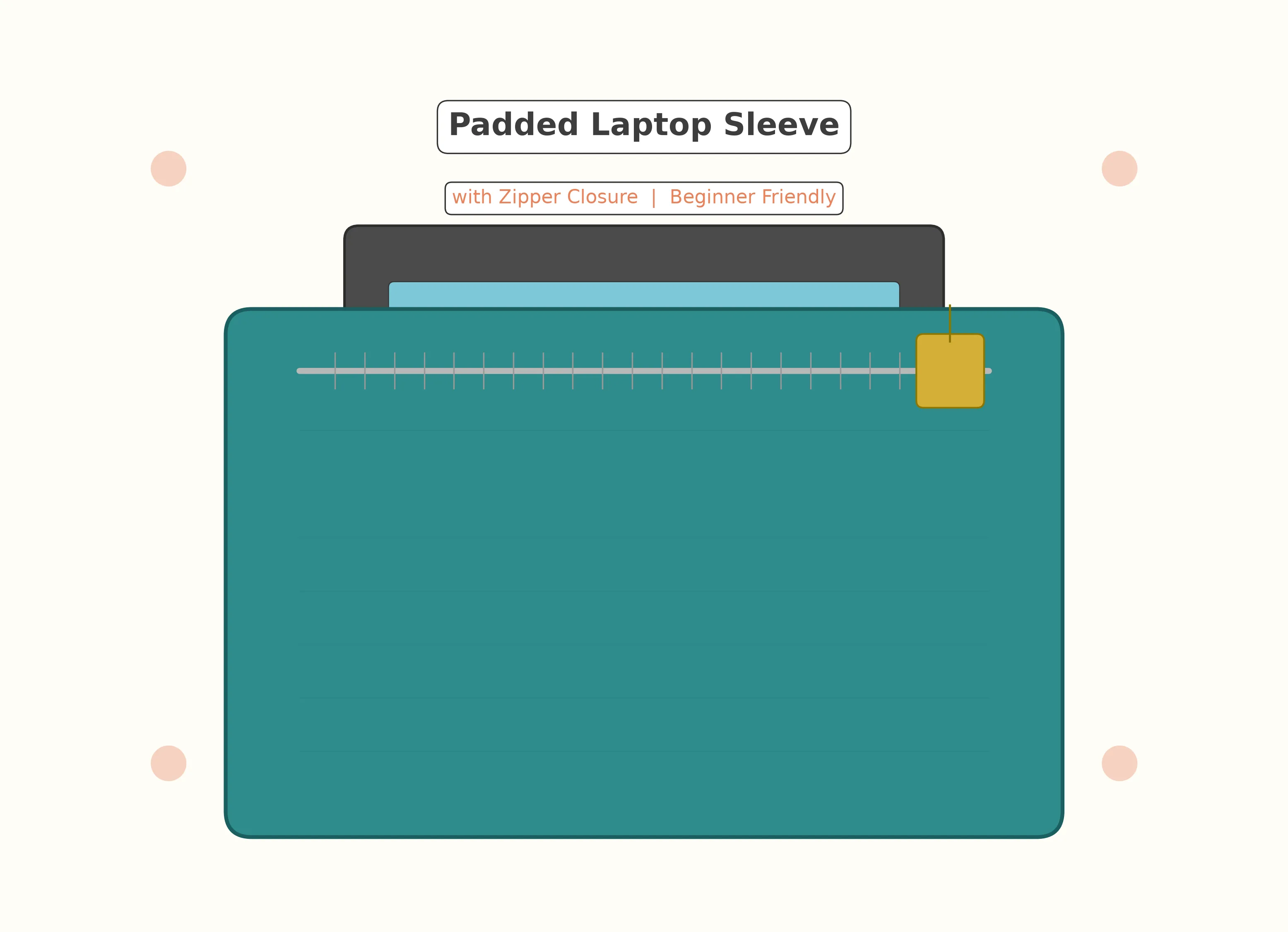 Finished padded laptop sleeve in teal canvas with coral zipper and laptop partially inserted on a wooden desk