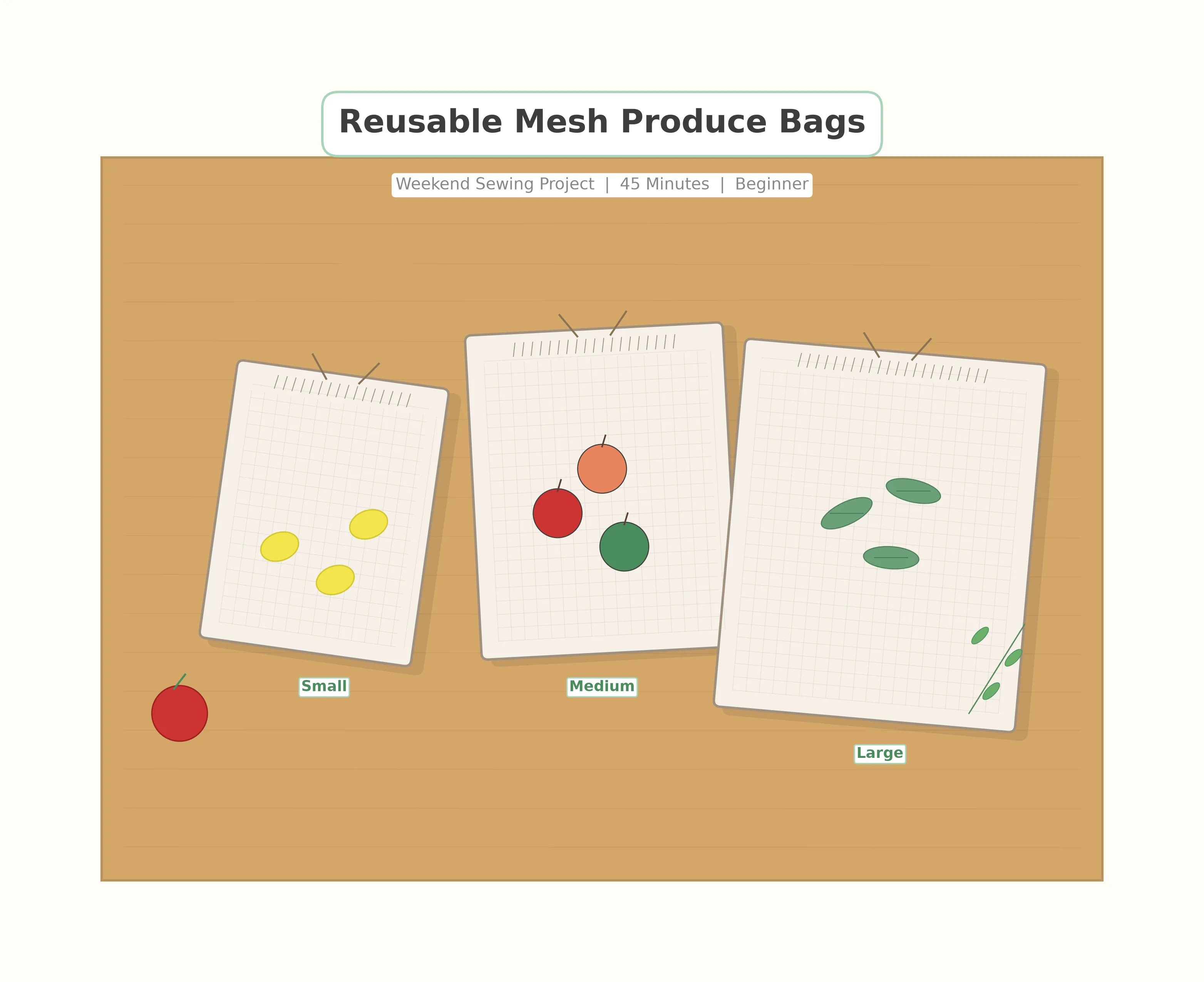 Flat-lay of handmade mesh produce bags filled with lemons, apples, and leafy greens on a wooden market table