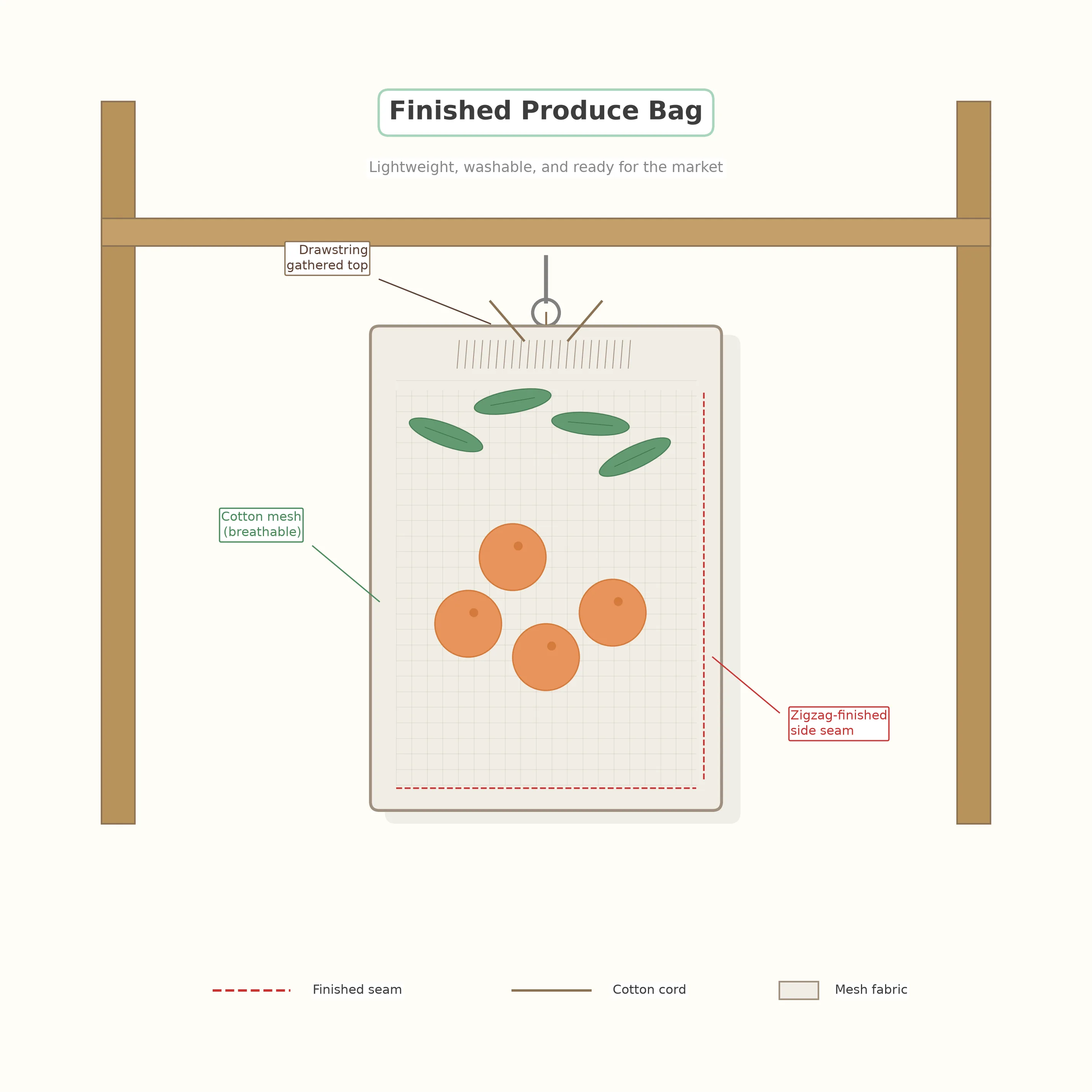 Finished mesh produce bag filled with oranges and leafy greens, drawstring pulled closed, hanging from a market stall hook