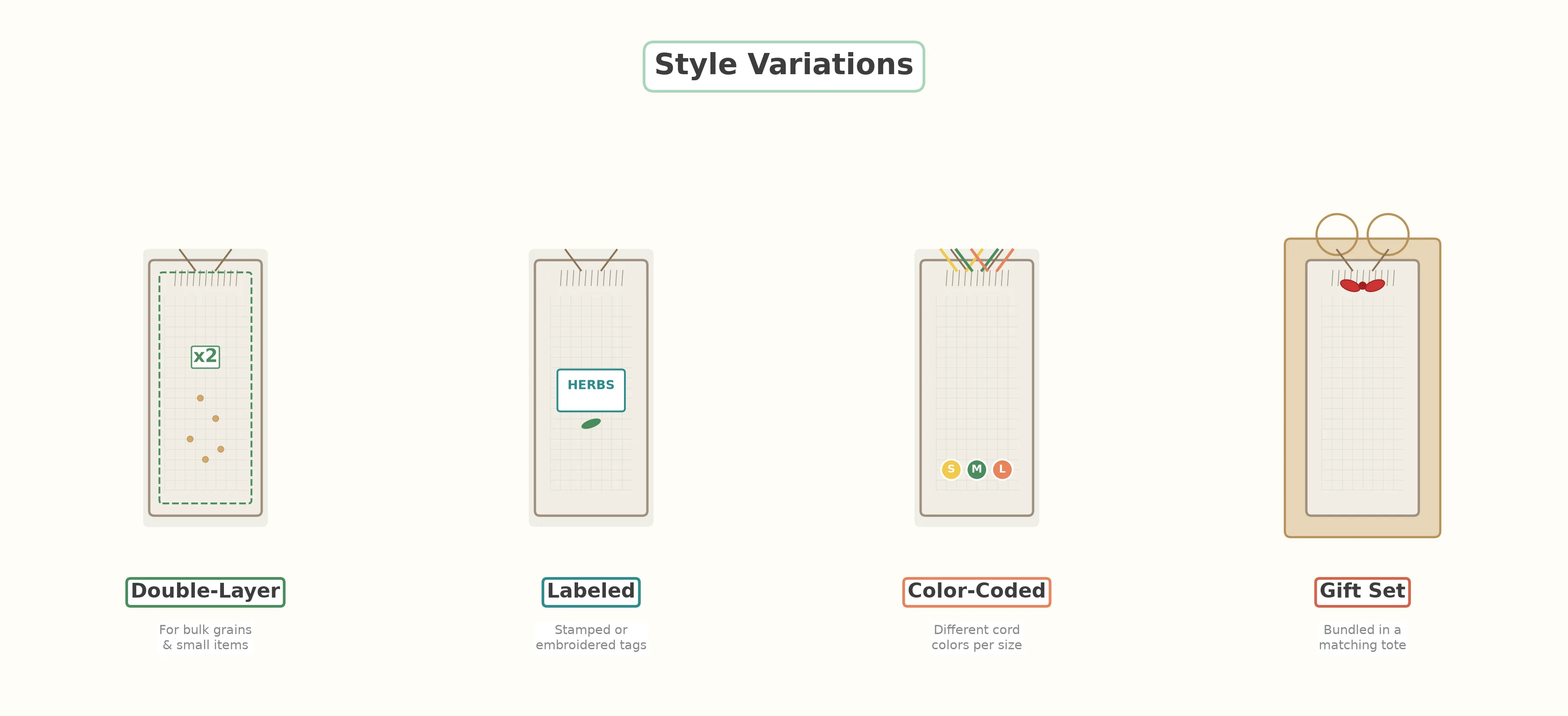 Side-by-side comparison of small, medium, and large mesh produce bags in different fabric weights and colors